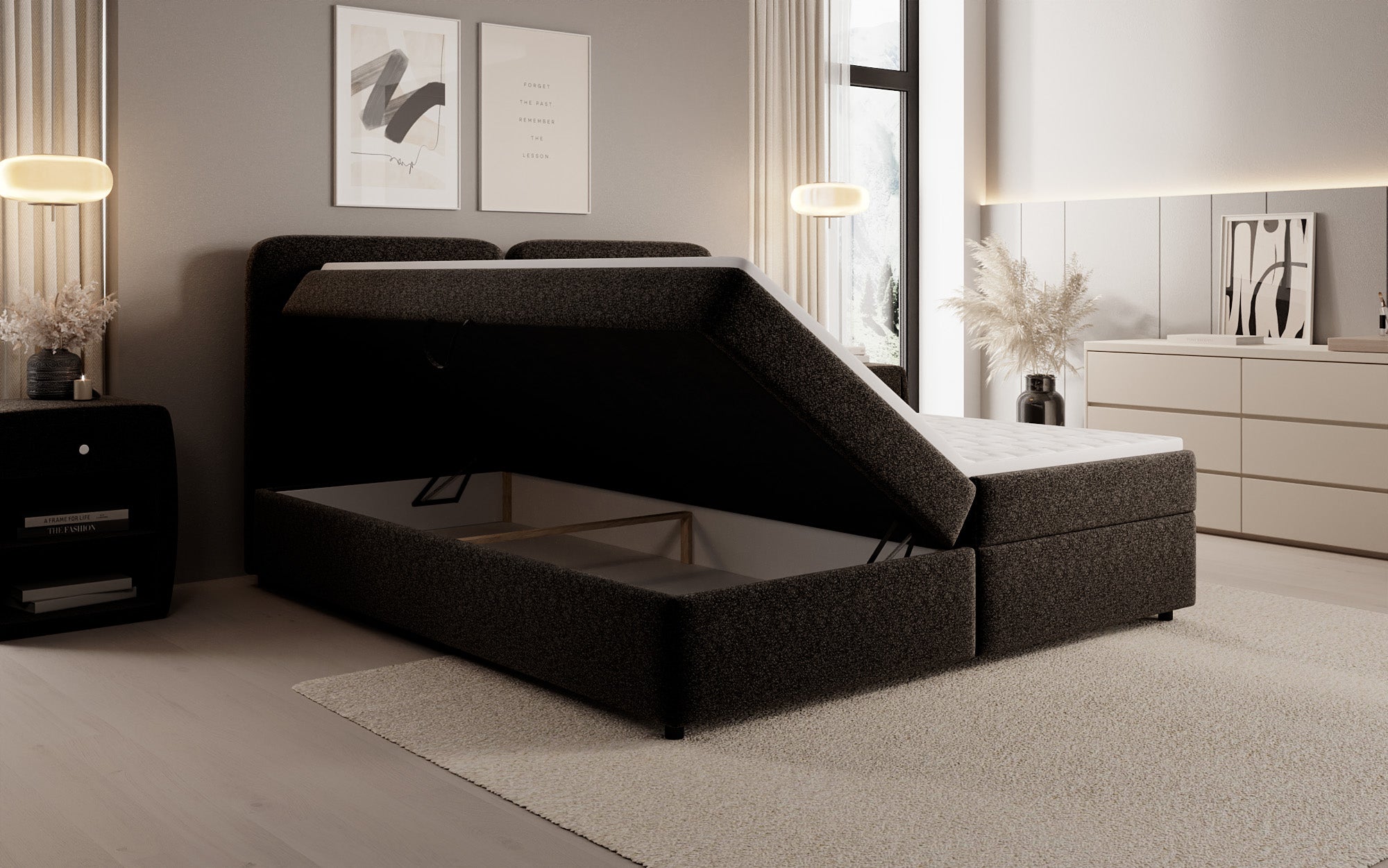 Lit boxspring Mira en tissu structuré avec espace de rangement