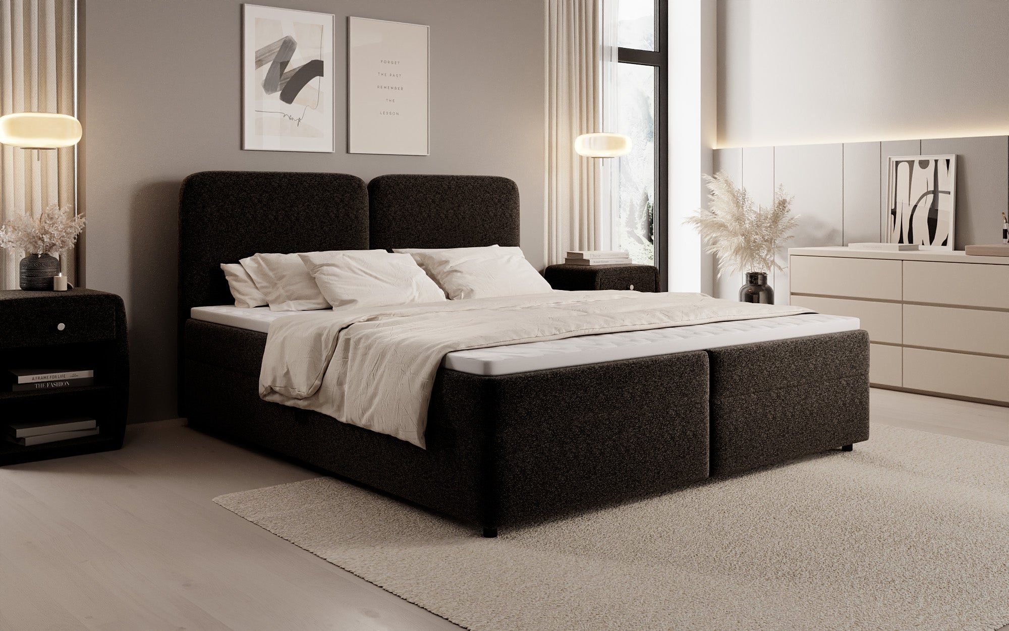 Lit boxspring Mira en tissu structuré avec espace de rangement