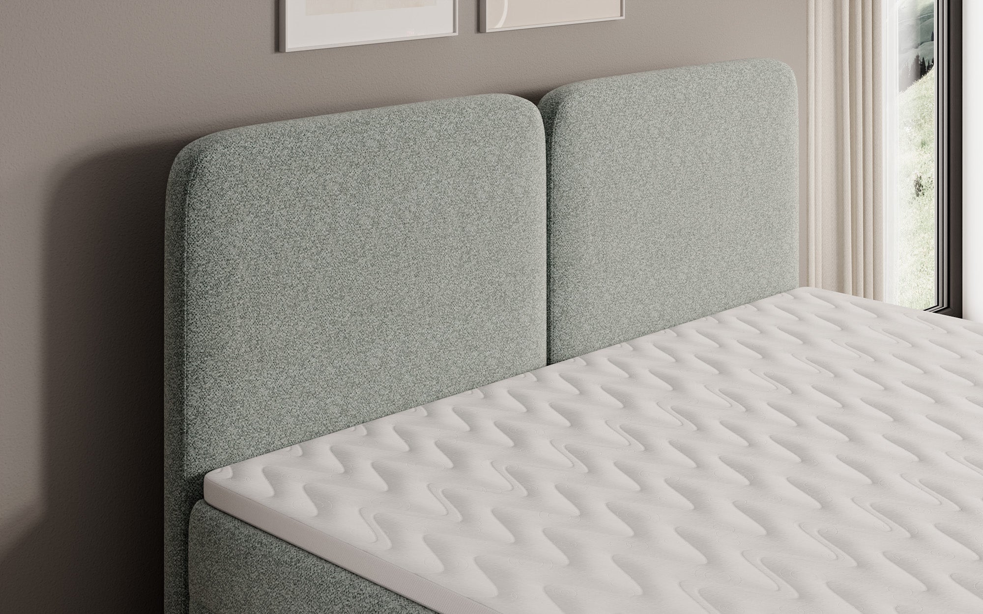 Lit boxspring Mira en tissu structuré avec espace de rangement