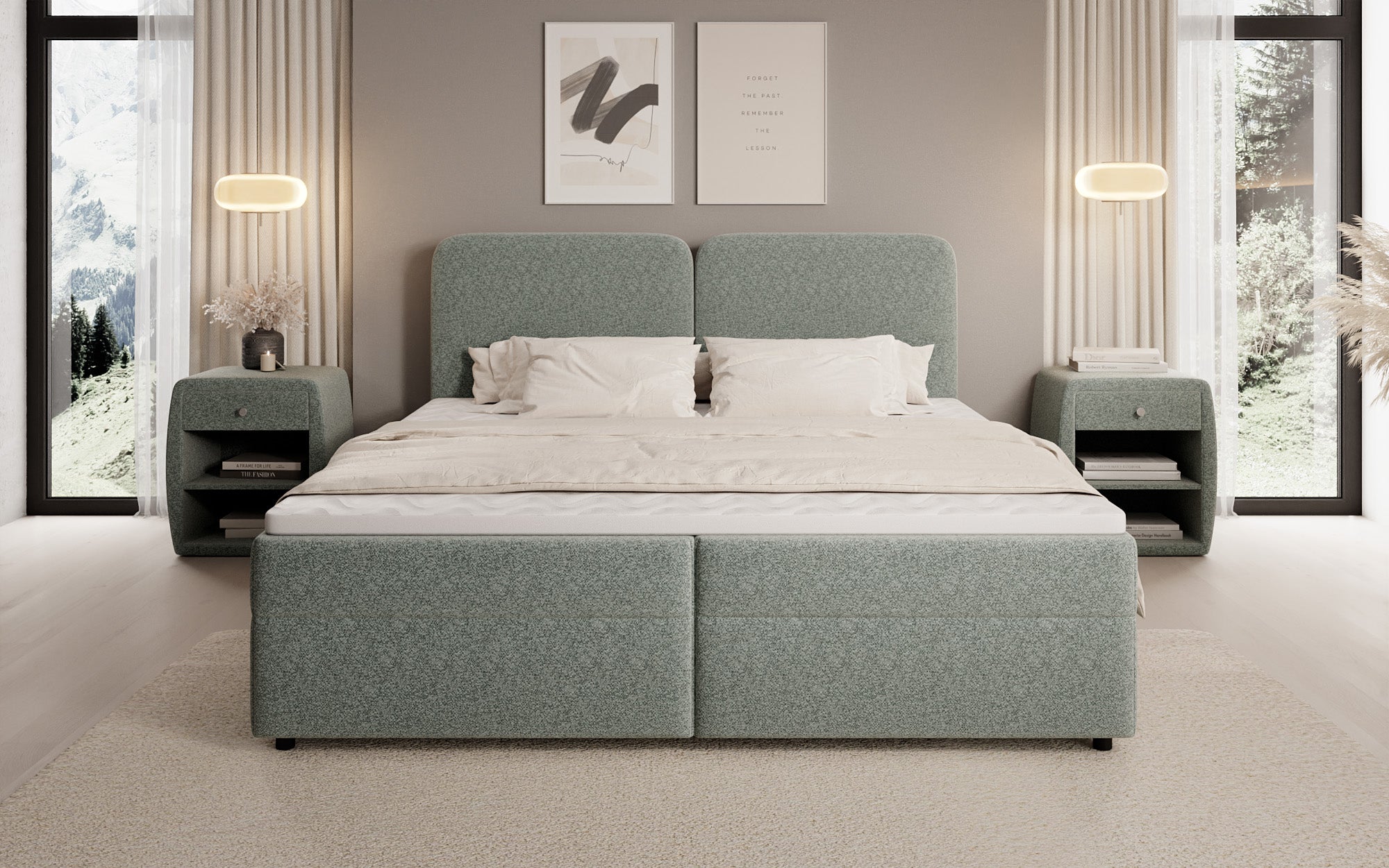 Lit boxspring Mira en tissu structuré avec espace de rangement