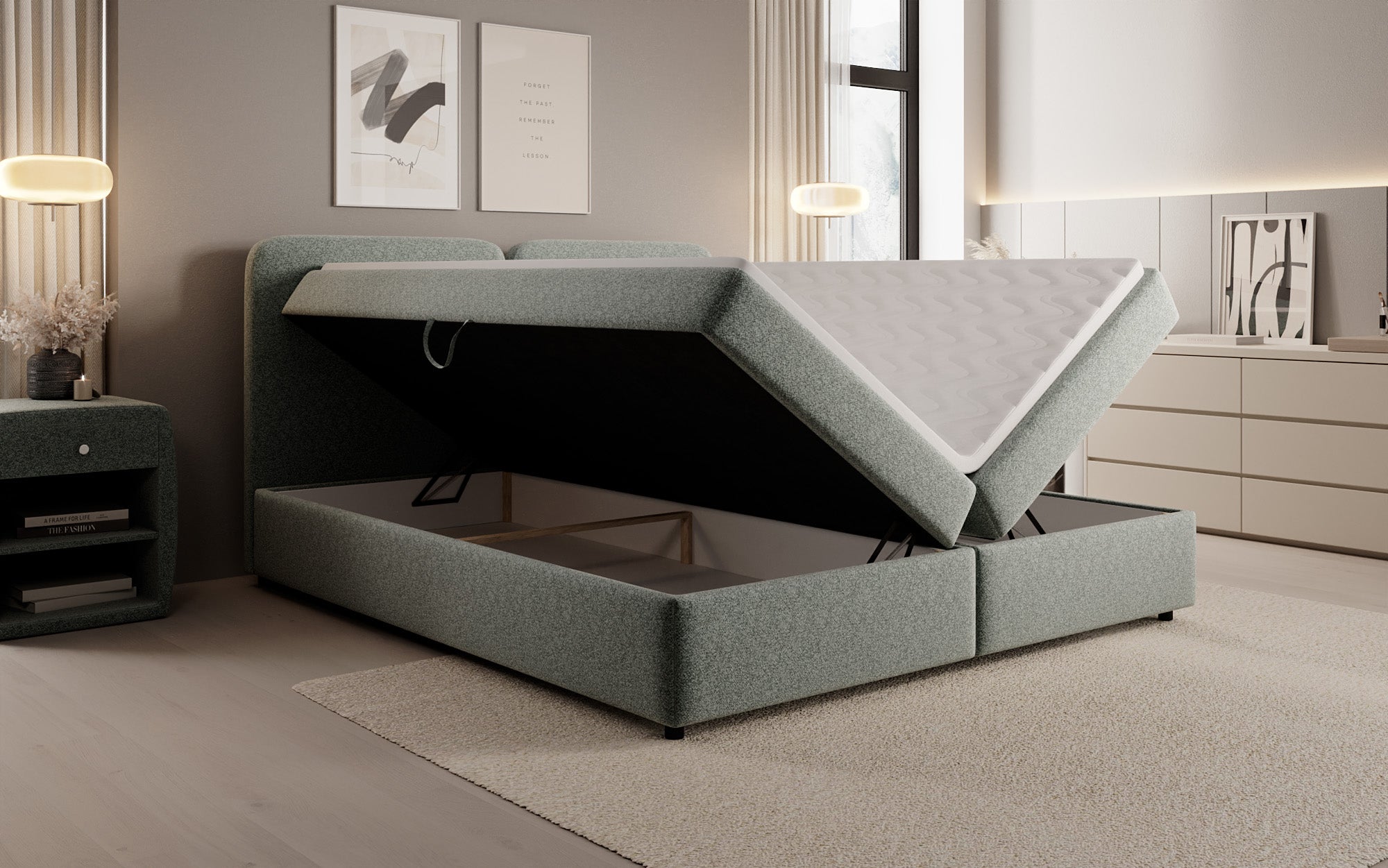 Lit boxspring Mira en tissu structuré avec espace de rangement