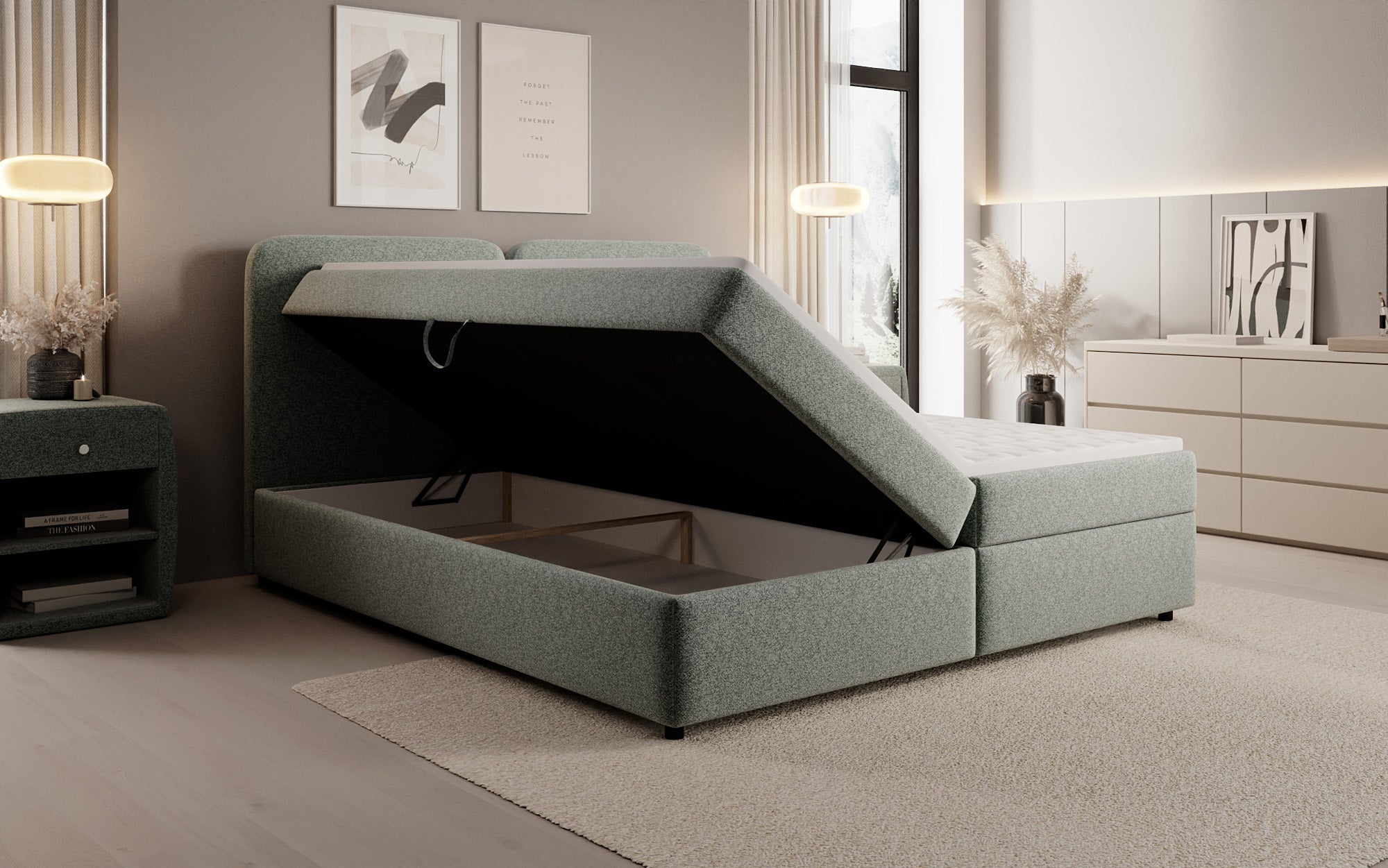 Lit boxspring Mira en tissu structuré avec espace de rangement