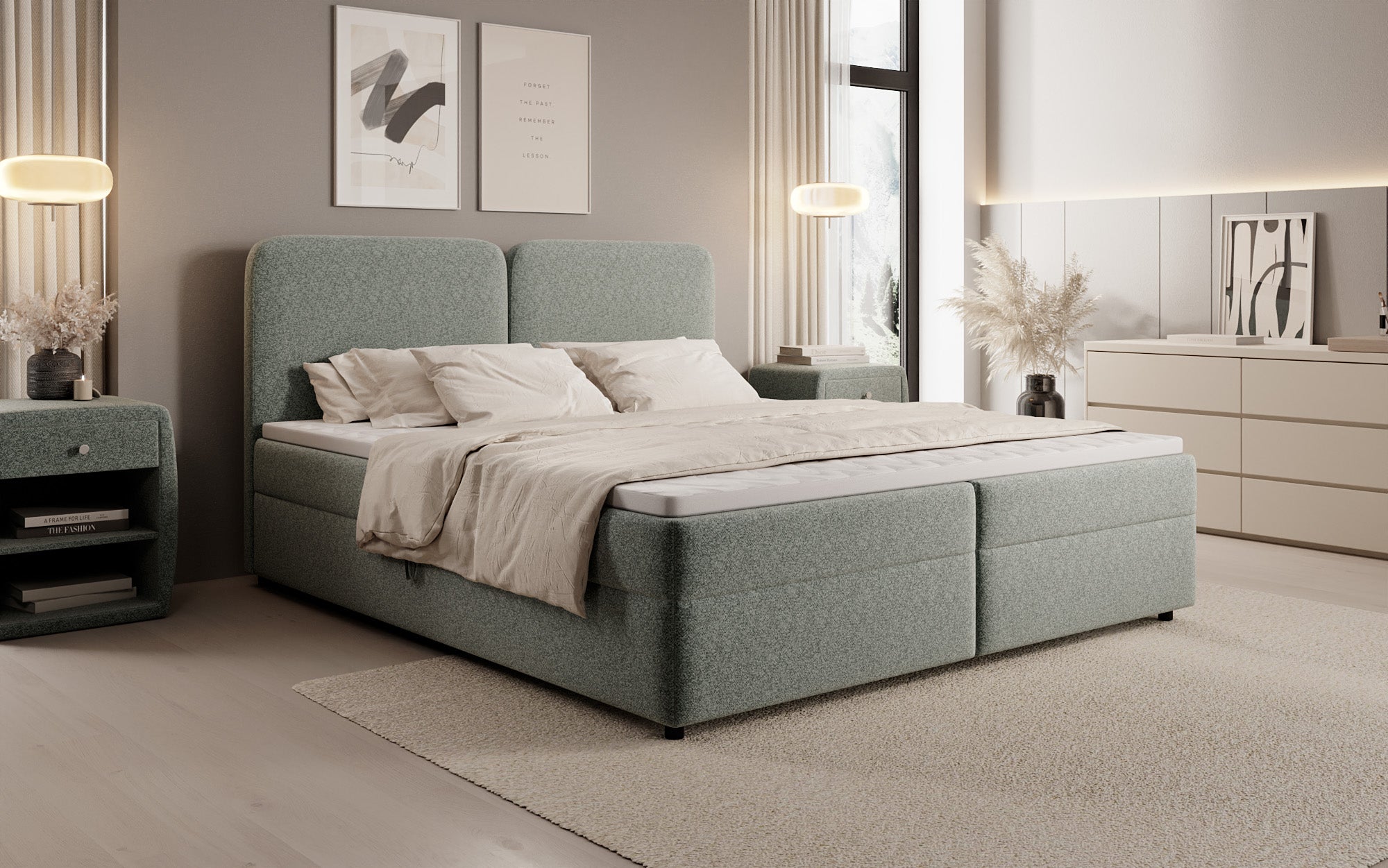 Lit boxspring Mira en tissu structuré avec espace de rangement