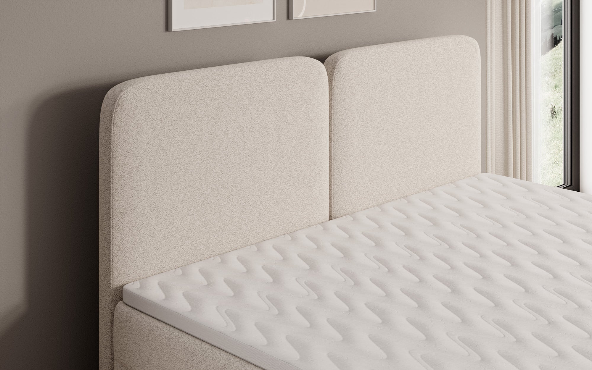 Lit boxspring Mira en tissu structuré avec espace de rangement