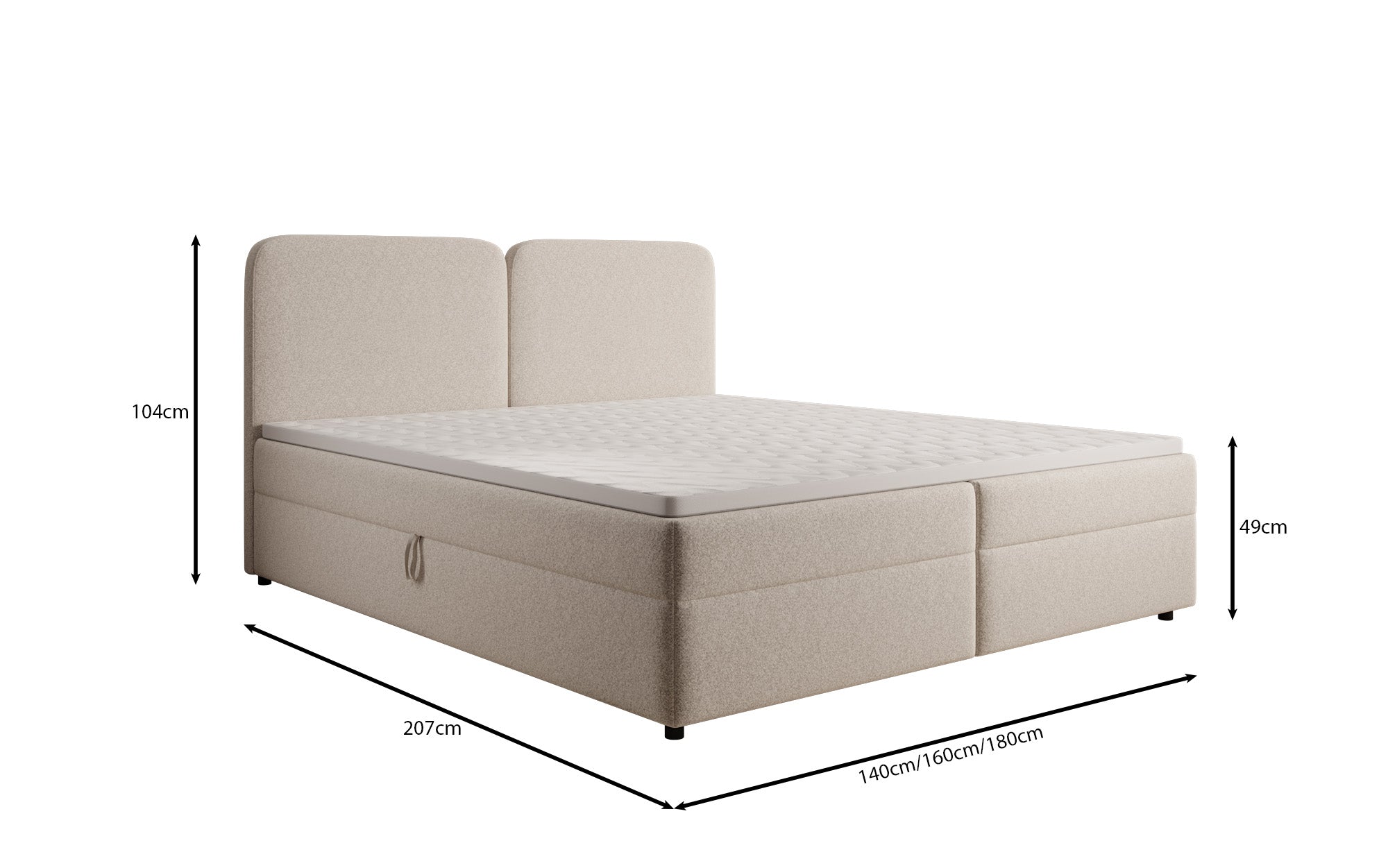 Lit boxspring Mira en tissu structuré avec espace de rangement