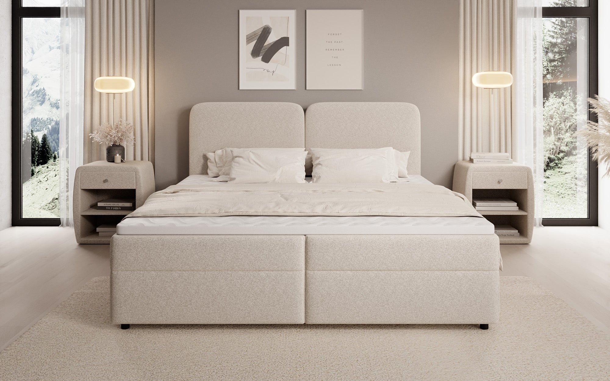 Lit boxspring Mira en tissu structuré avec espace de rangement