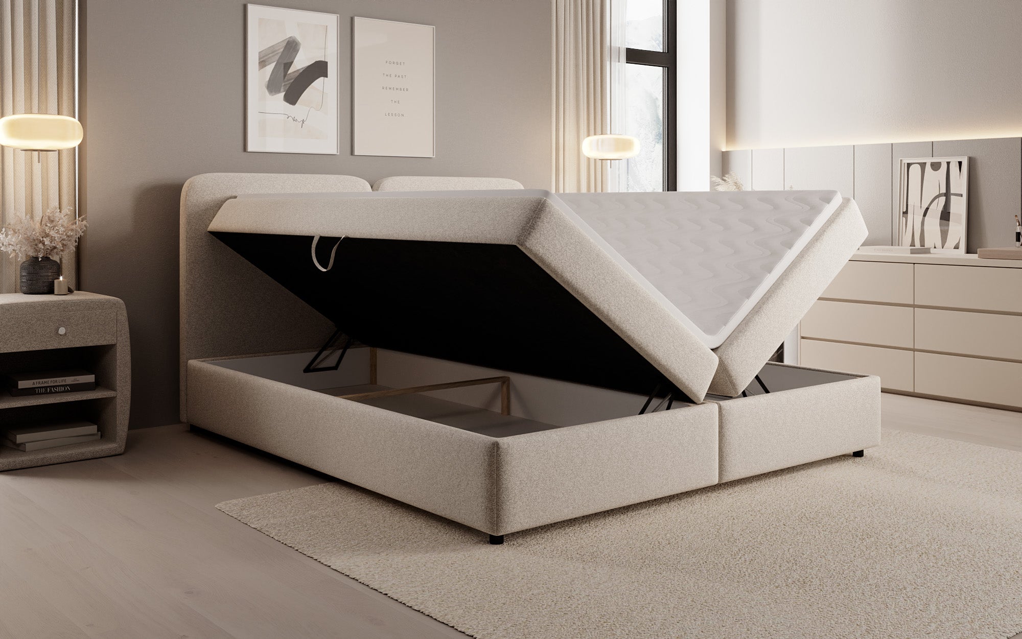 Lit boxspring Mira en tissu structuré avec espace de rangement