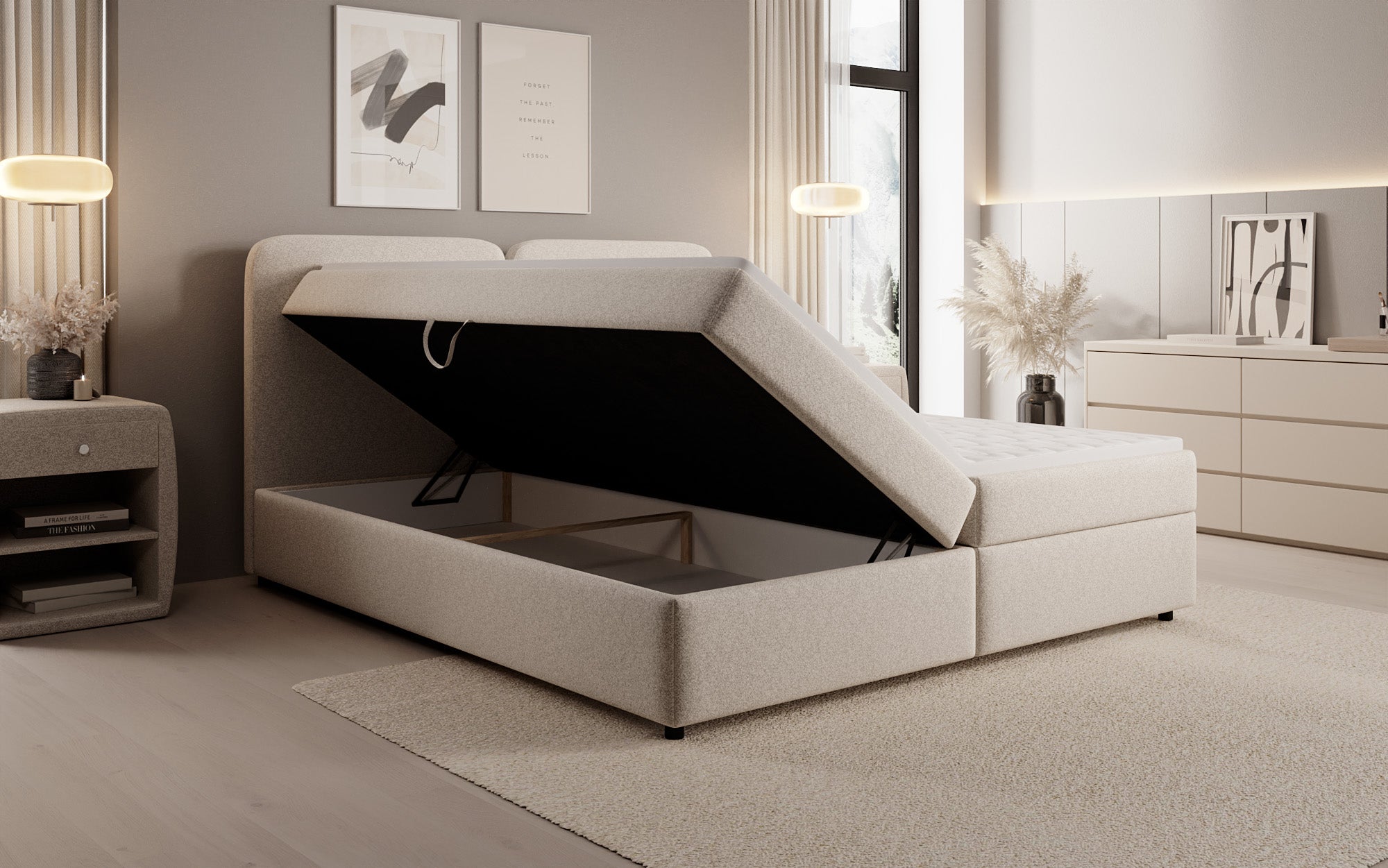 Lit boxspring Mira en tissu structuré avec espace de rangement