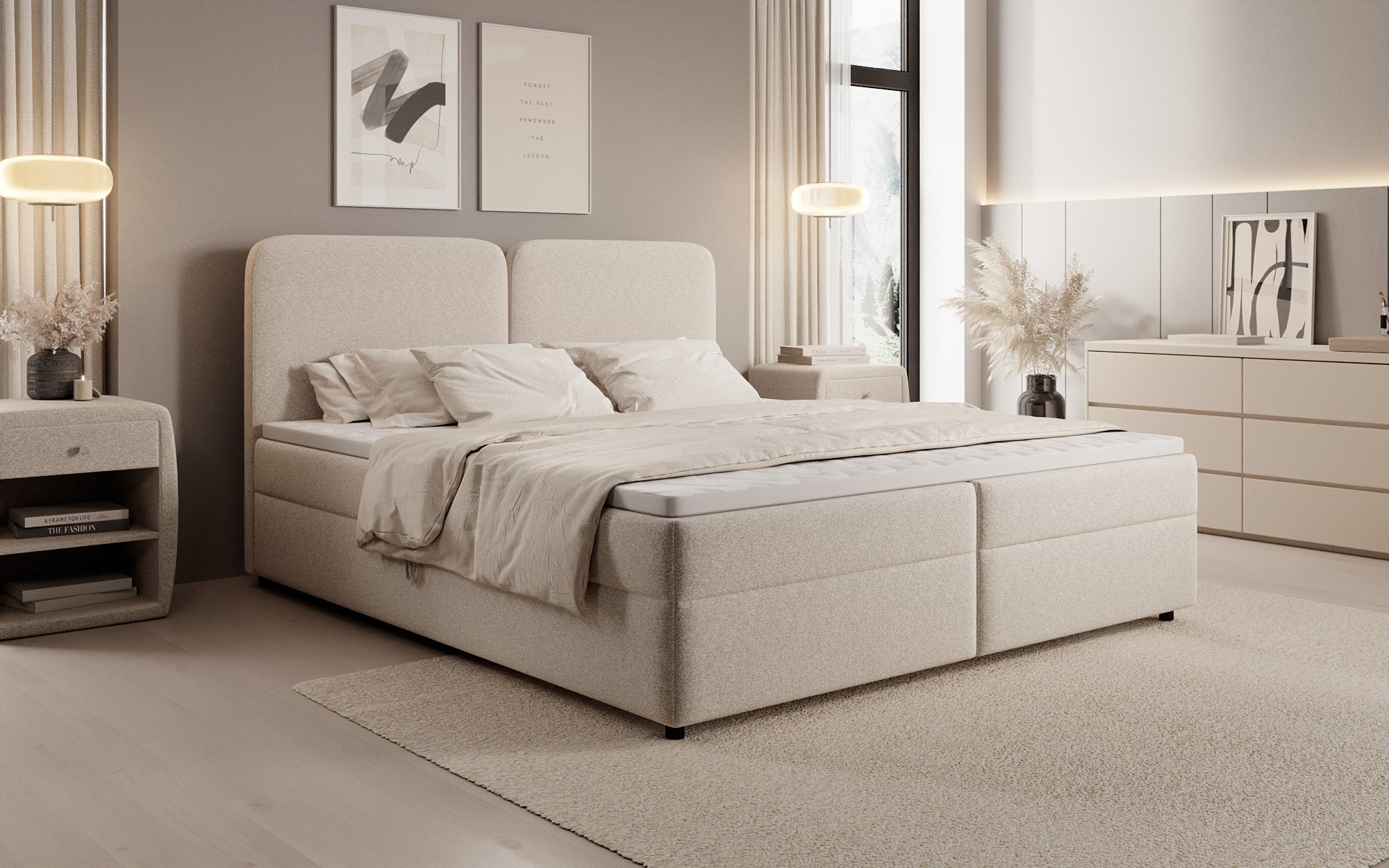 Lit boxspring Mira en tissu structuré avec espace de rangement