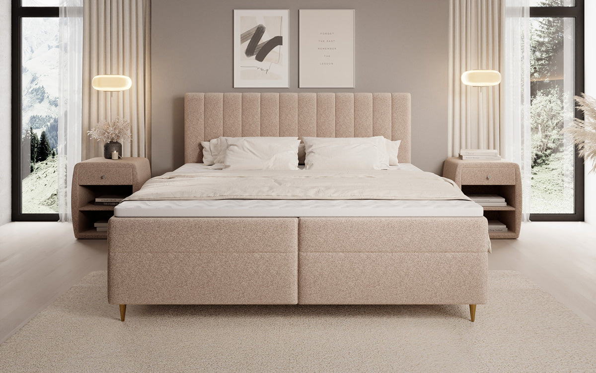 Lit boxspring Chelsea en tissu texturé avec espace de rangement