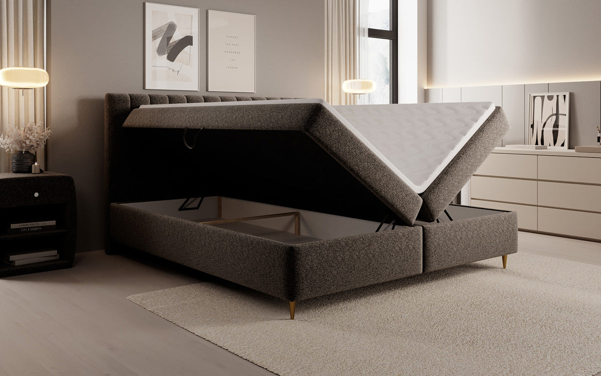 Lit boxspring Chelsea en tissu texturé avec espace de rangement