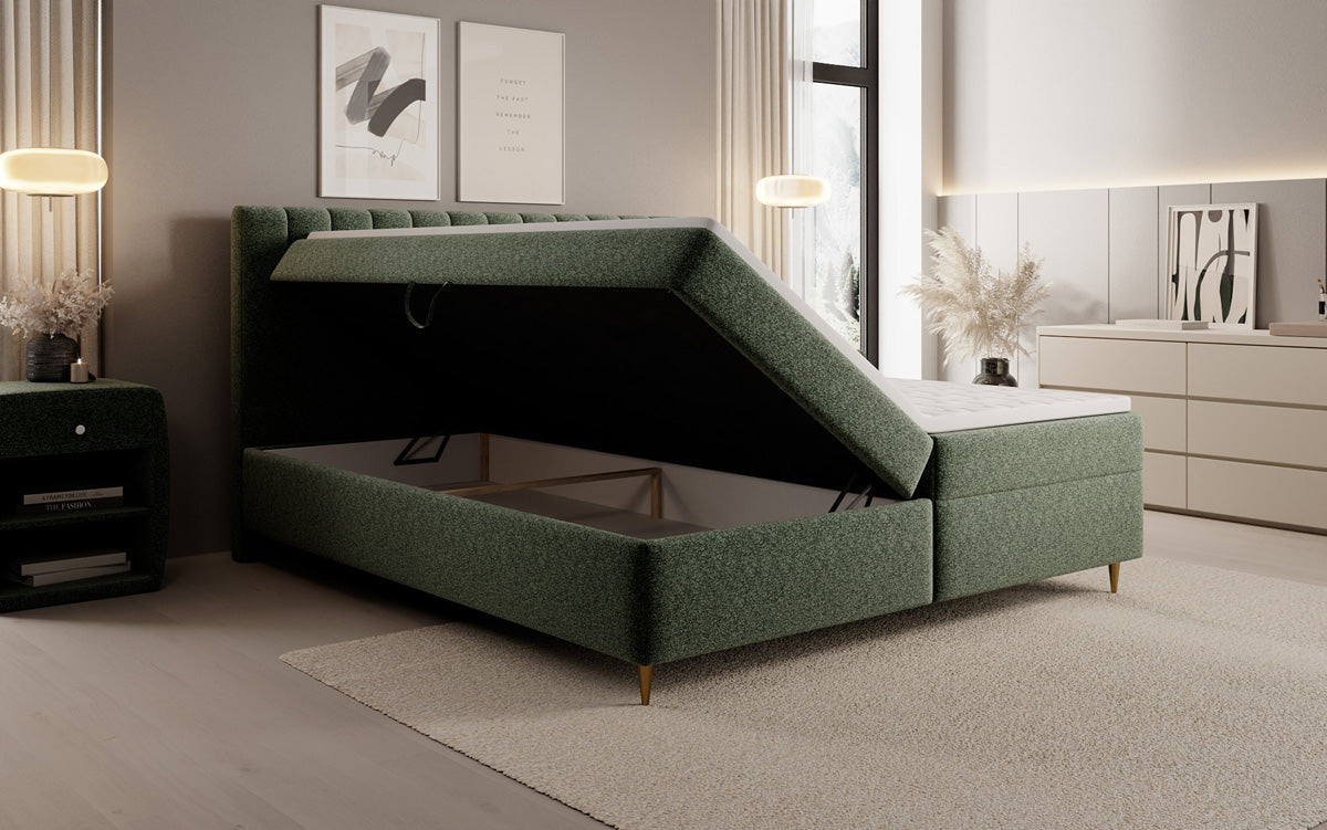 Lit boxspring Chelsea en tissu texturé avec espace de rangement