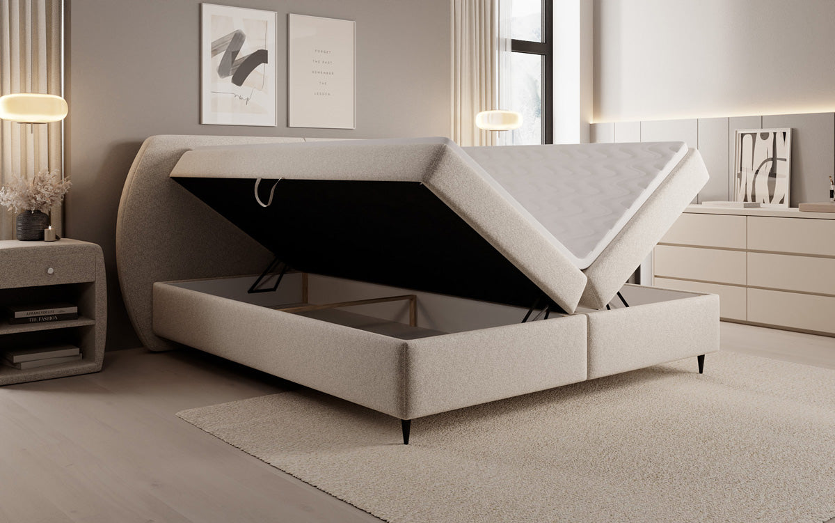 Lit boxspring Nara en tissu structuré avec espace de rangement