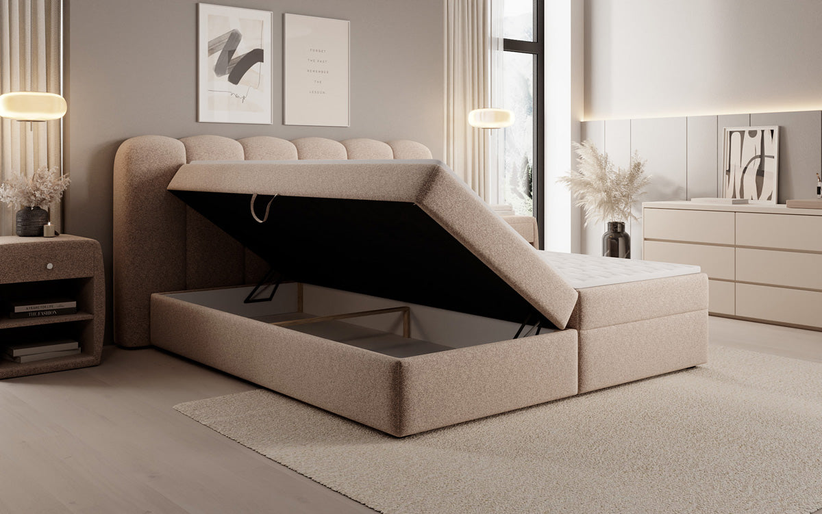 Lit boxspring Bologna en tissu texturé avec espace de rangement