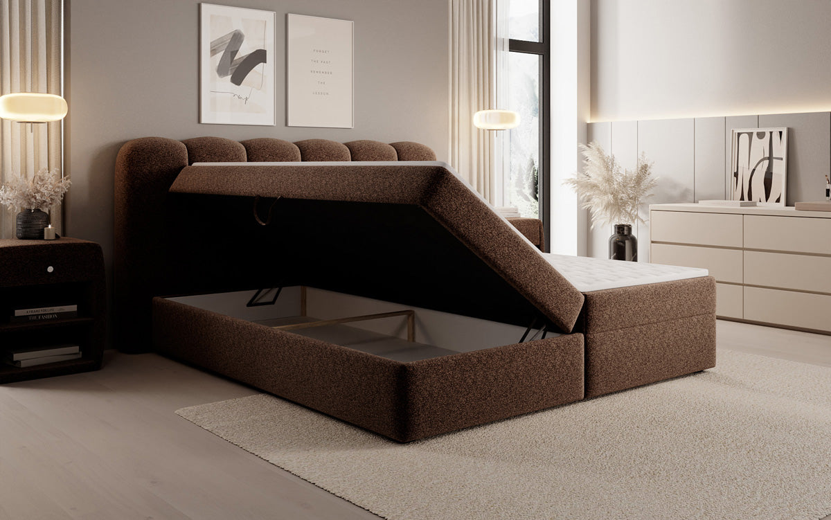 Lit boxspring Bologna en tissu texturé avec espace de rangement