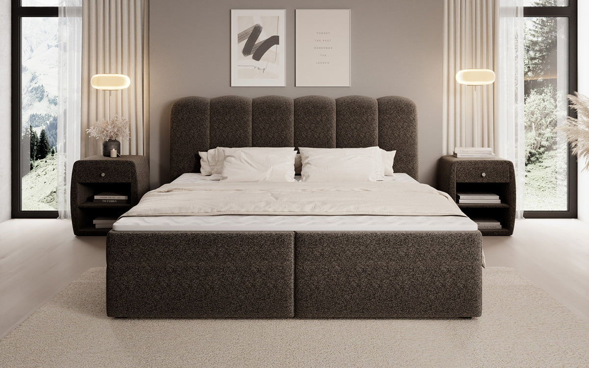 Lit boxspring Bologna en tissu texturé avec espace de rangement