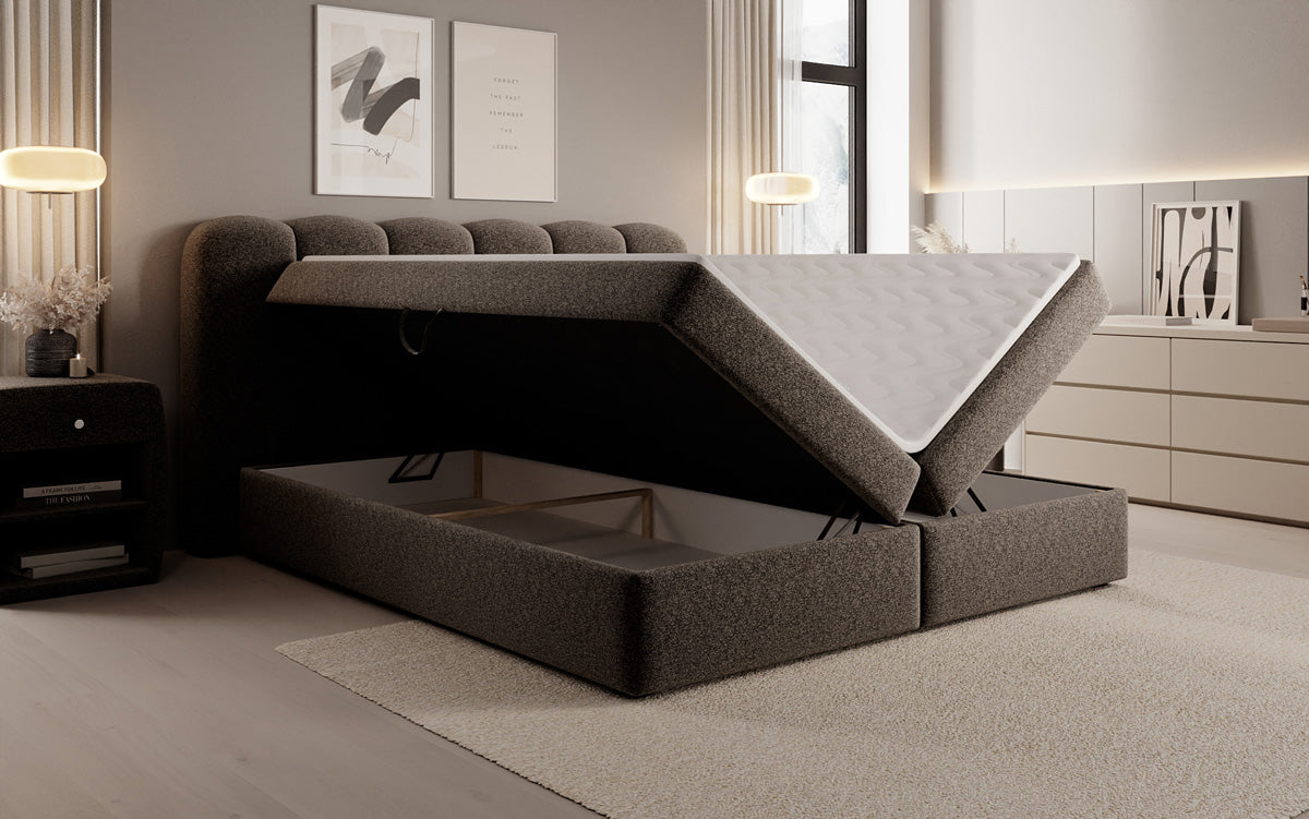 Lit boxspring Bologna en tissu texturé avec espace de rangement