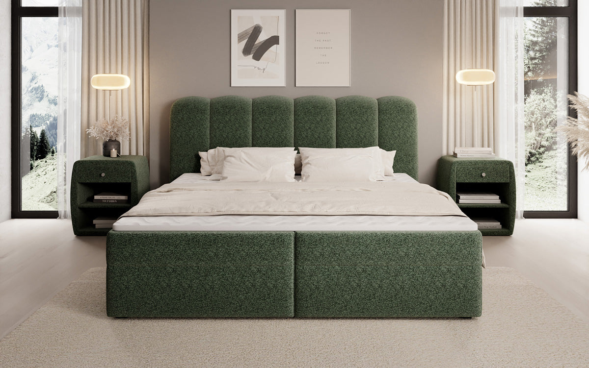 Lit boxspring Bologna en tissu texturé avec espace de rangement