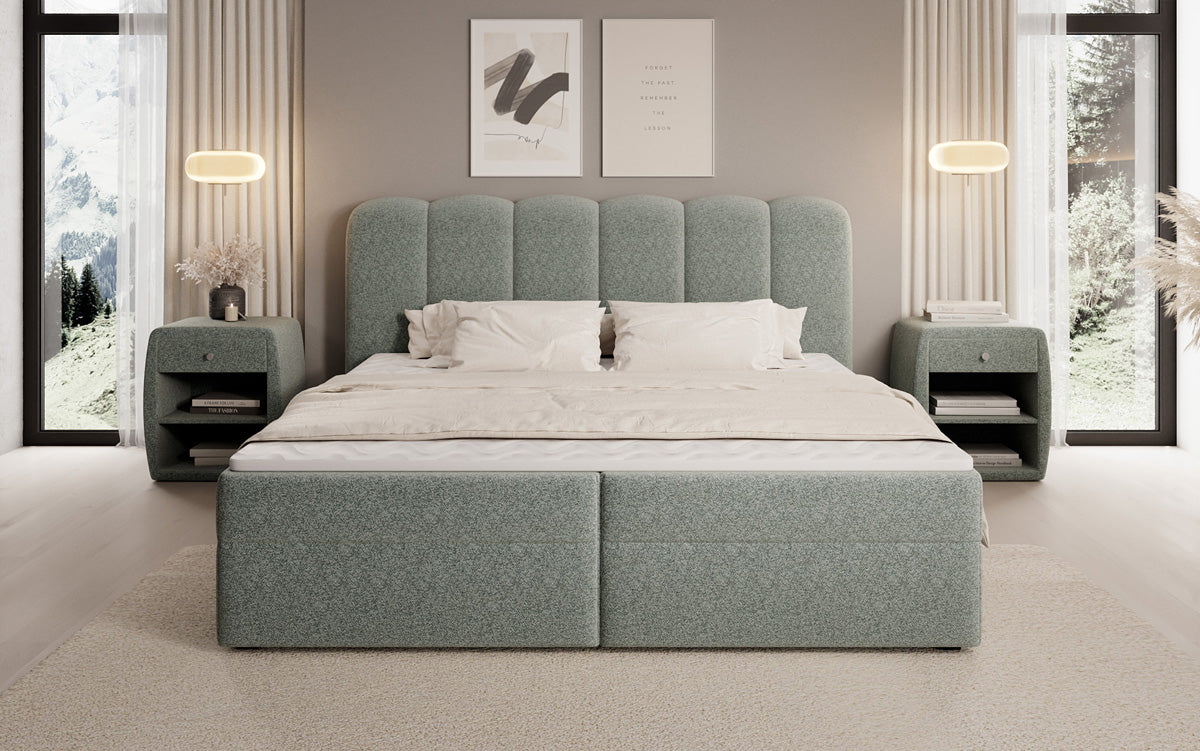 Lit boxspring Bologna en tissu texturé avec espace de rangement