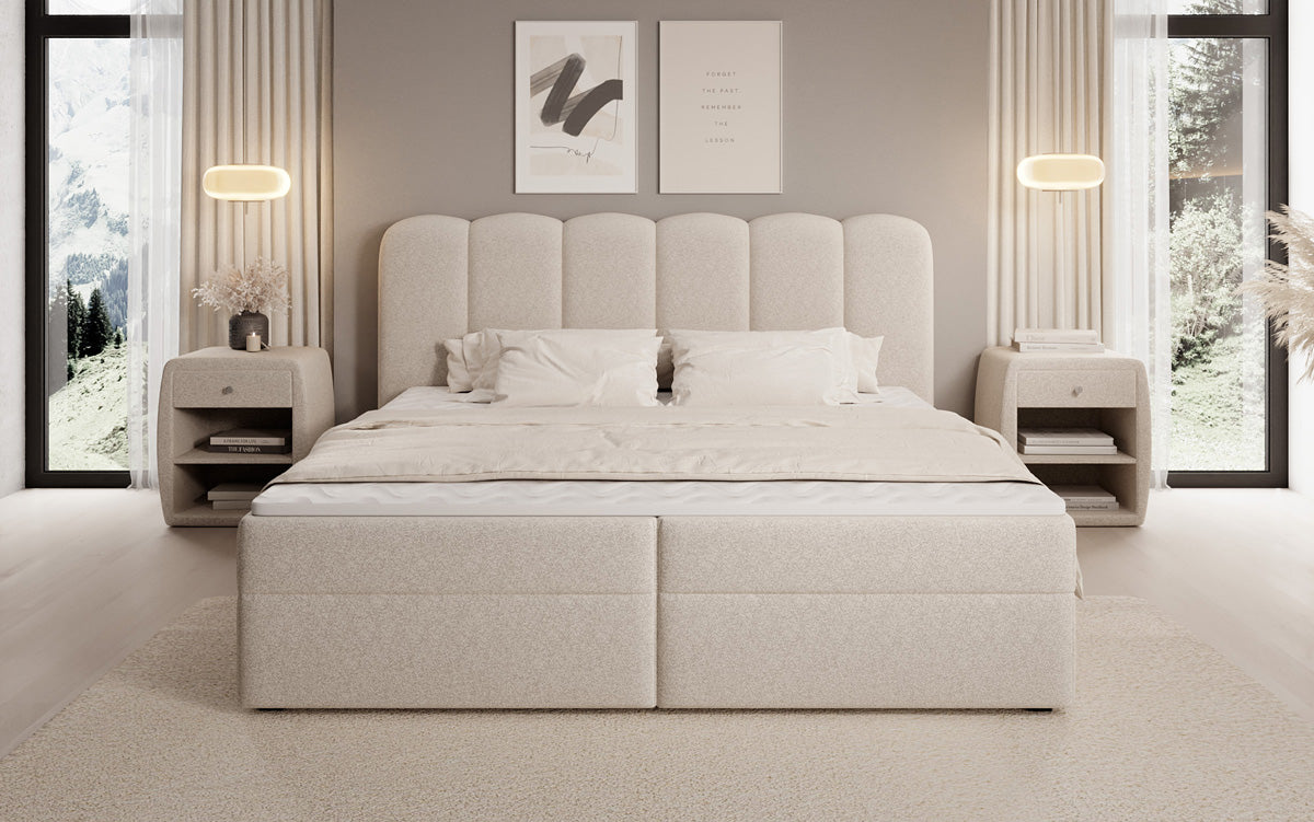Lit boxspring Bologna en tissu texturé avec espace de rangement
