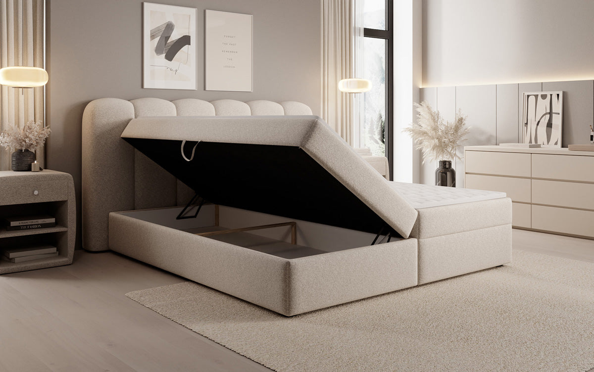 Lit boxspring Bologna en tissu texturé avec espace de rangement
