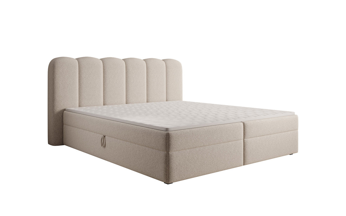 Lit boxspring Bologna en tissu texturé avec espace de rangement