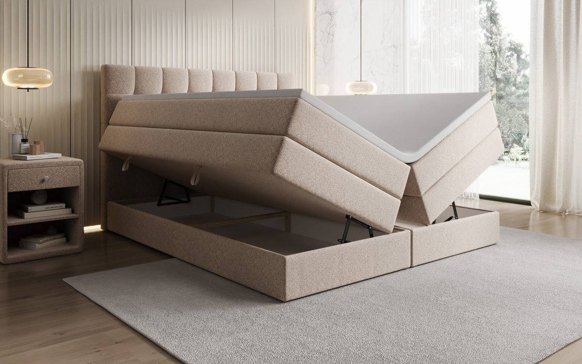Lit boxspring Grandé en tissu texturé avec espace de rangement
