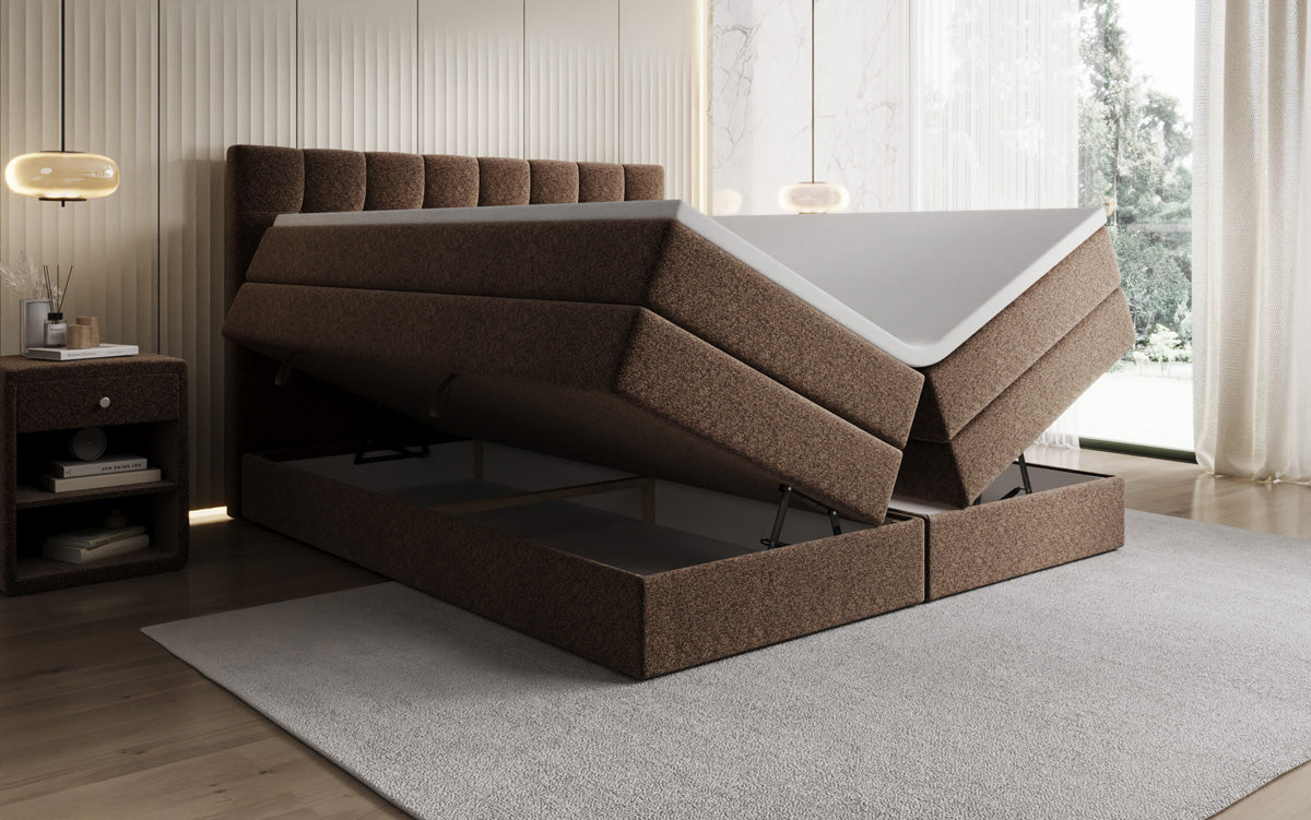 Lit boxspring Grandé en tissu texturé avec espace de rangement