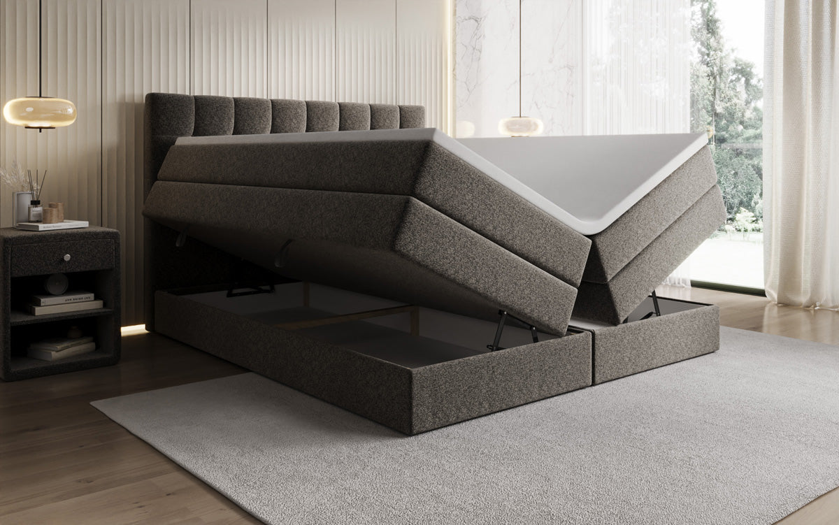 Lit boxspring Grandé en tissu texturé avec espace de rangement