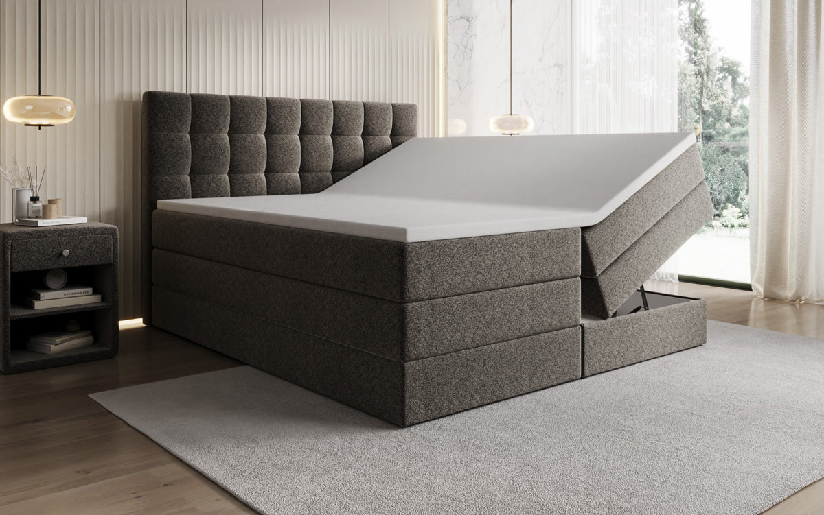 Lit boxspring Grandé en tissu texturé avec espace de rangement