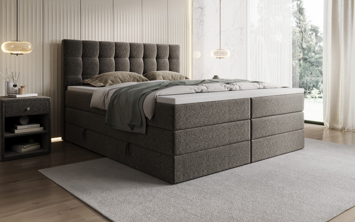 Lit boxspring Grandé en tissu texturé avec espace de rangement