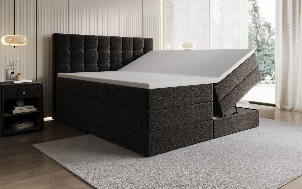 Lit boxspring Grandé en tissu texturé avec espace de rangement
