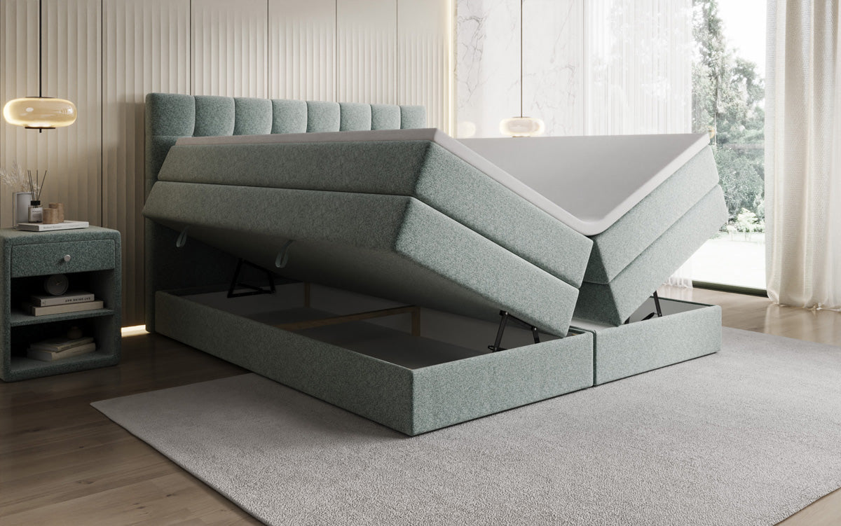 Lit boxspring Grandé en tissu texturé avec espace de rangement