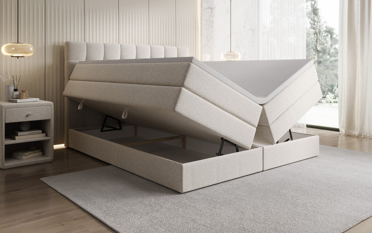 Lit boxspring Grandé en tissu texturé avec espace de rangement