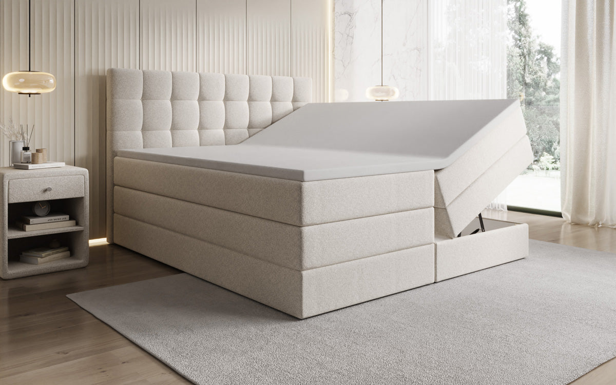 Lit boxspring Grandé en tissu texturé avec espace de rangement