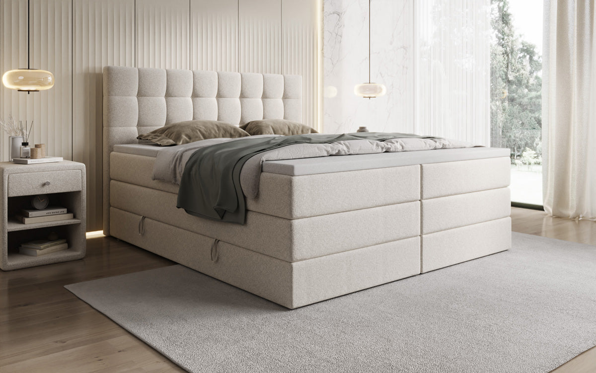 Lit boxspring Grandé en tissu texturé avec espace de rangement