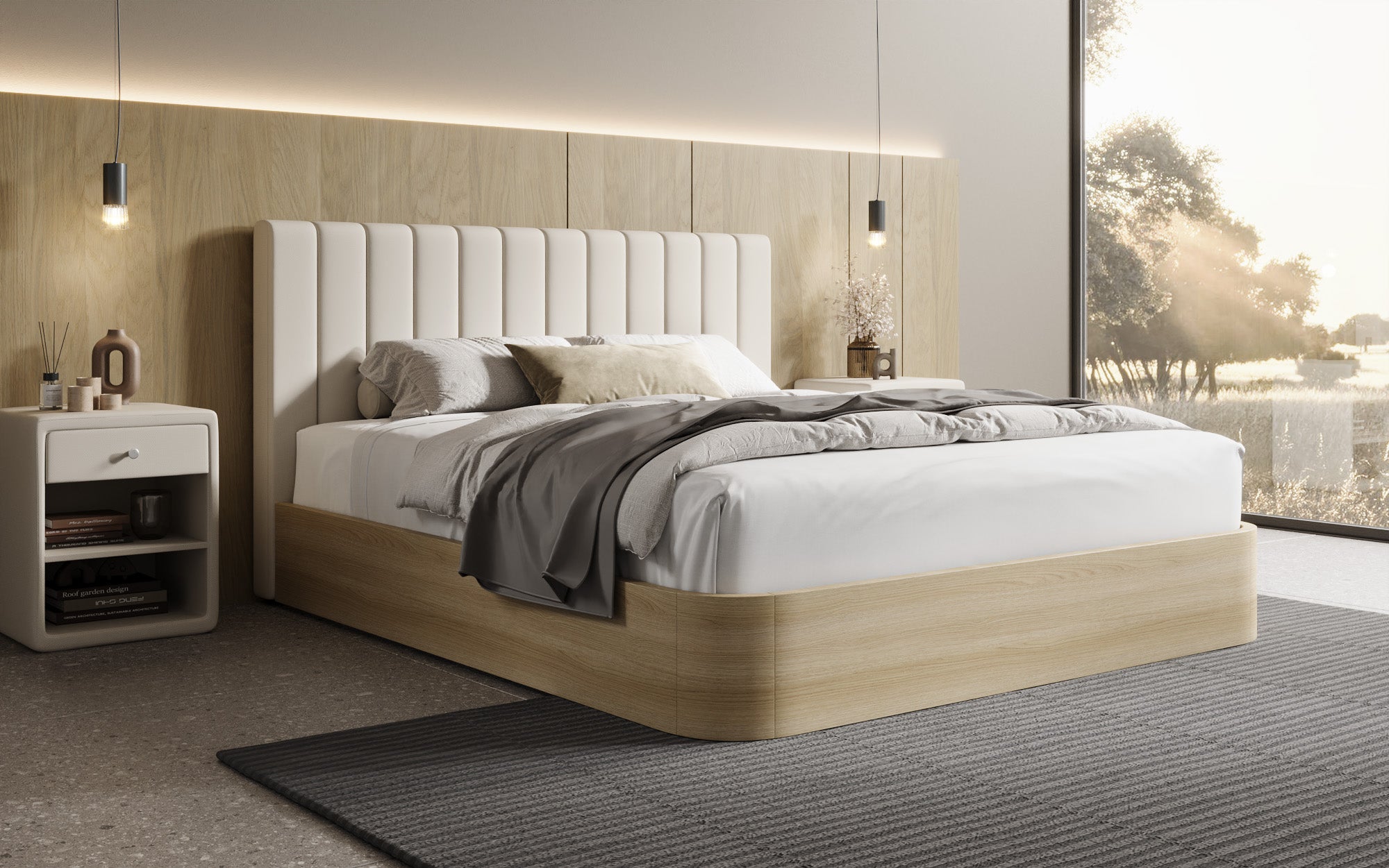 Designer Polsterbett Fiore Linea in Stoff mit Stauraum