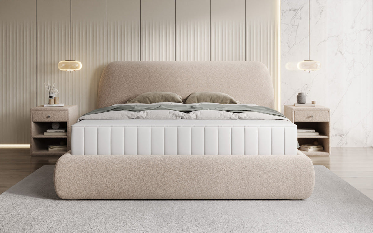 Lit capitonné design Nella en tissu structuré avec espace de rangement