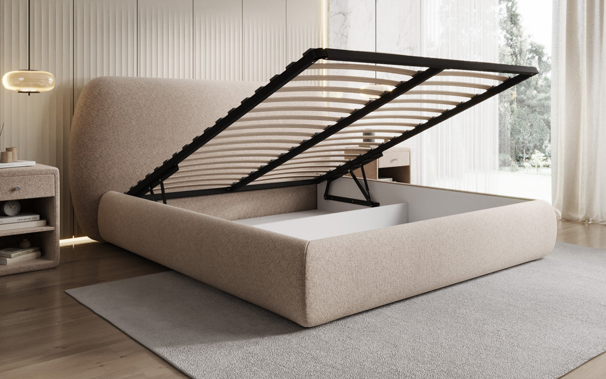 Lit capitonné design Nella en tissu structuré avec espace de rangement