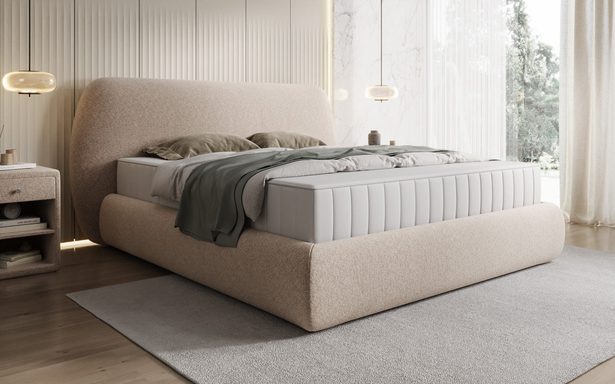 Lit capitonné design Nella en tissu structuré avec espace de rangement