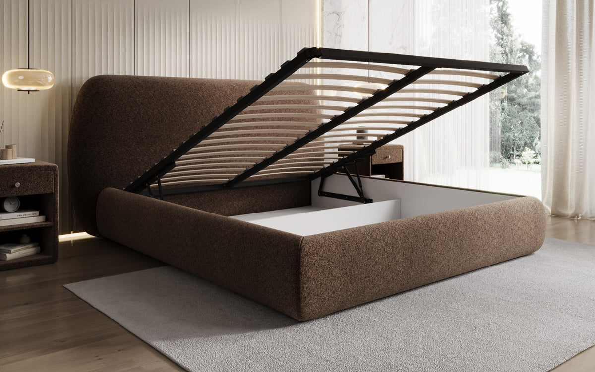 Lit capitonné design Nella en tissu structuré avec espace de rangement