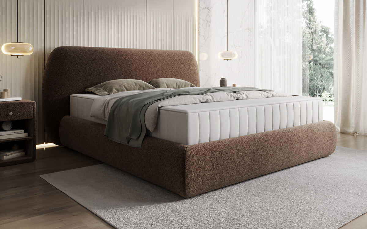 Lit capitonné design Nella en tissu structuré avec espace de rangement