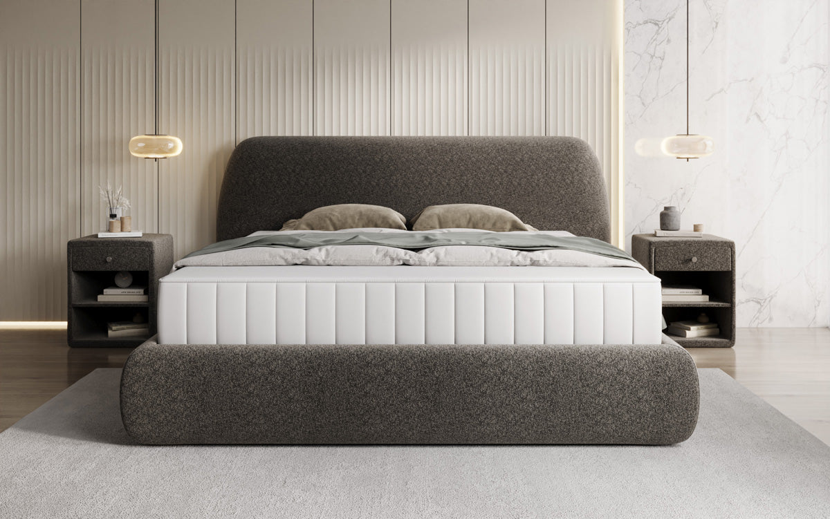 Lit capitonné design Nella en tissu structuré avec espace de rangement