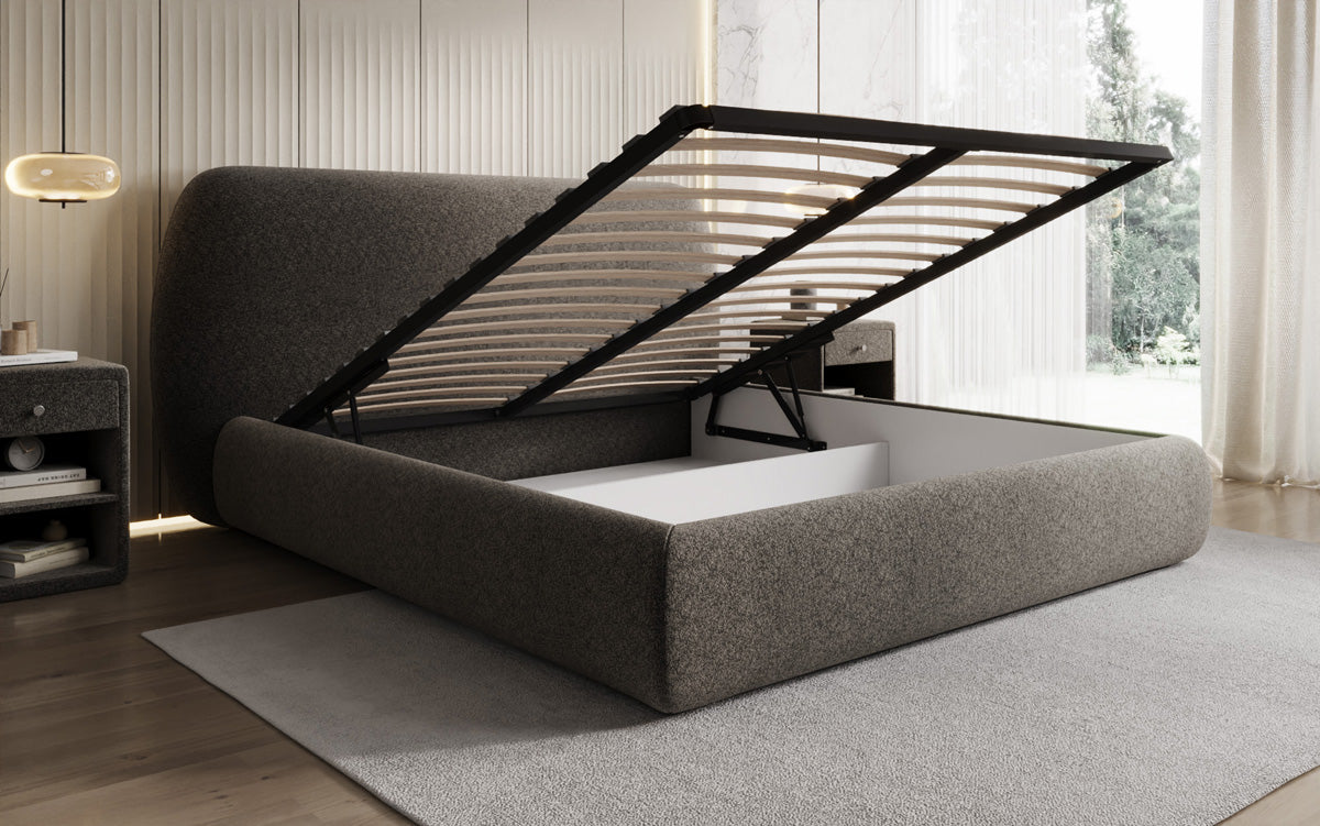 Lit capitonné design Nella en tissu structuré avec espace de rangement