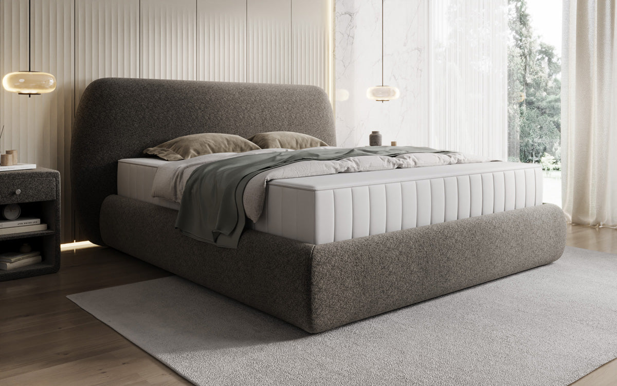 Lit capitonné design Nella en tissu structuré avec espace de rangement