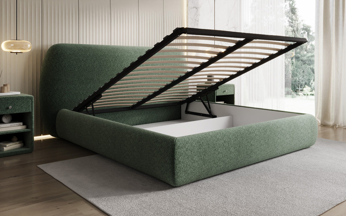 Lit capitonné design Nella en tissu structuré avec espace de rangement