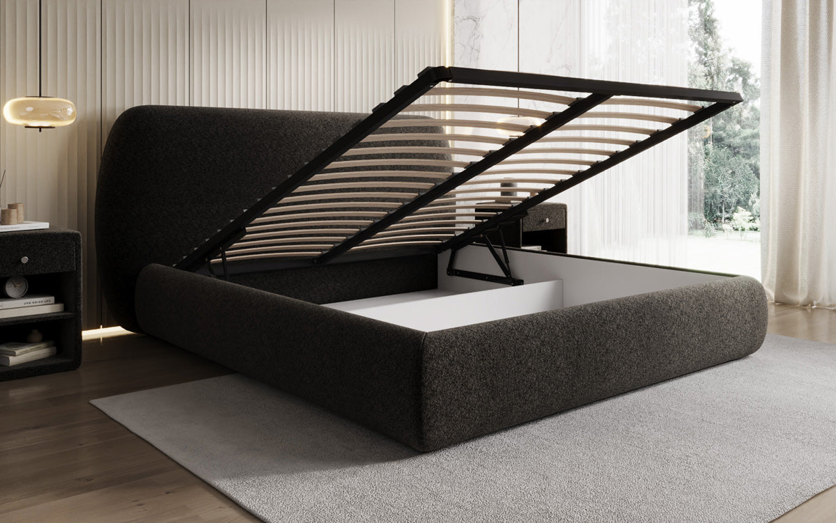 Lit capitonné design Nella en tissu structuré avec espace de rangement