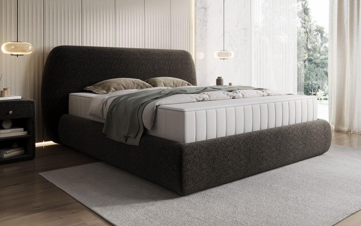 Lit capitonné design Nella en tissu structuré avec espace de rangement