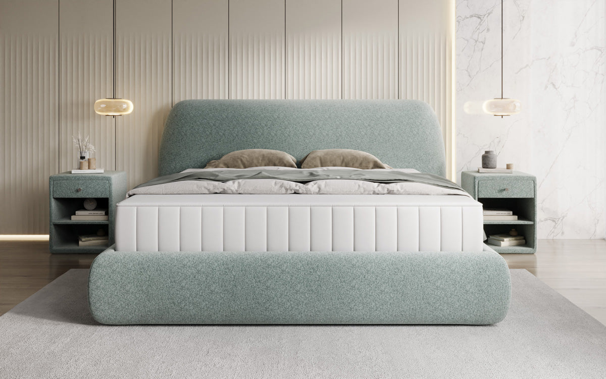 Lit capitonné design Nella en tissu structuré avec espace de rangement