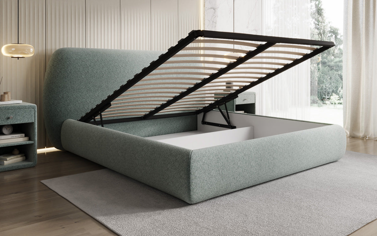 Lit capitonné design Nella en tissu structuré avec espace de rangement